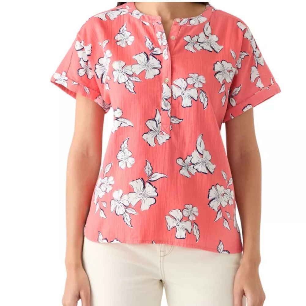 Wonderly Women's Roll Sleeve Floral Printed Popover Shirt in Coral Size XXL